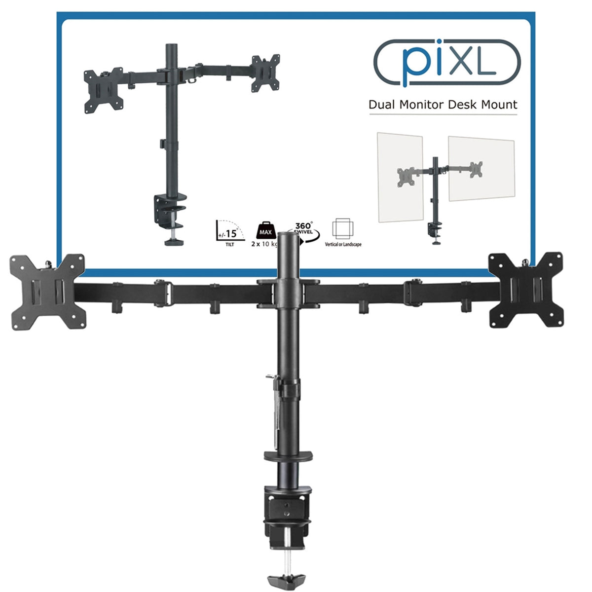 piXL Dual Monitor Arm - up to 27 Inch VESA Desk Mount, Cable Management