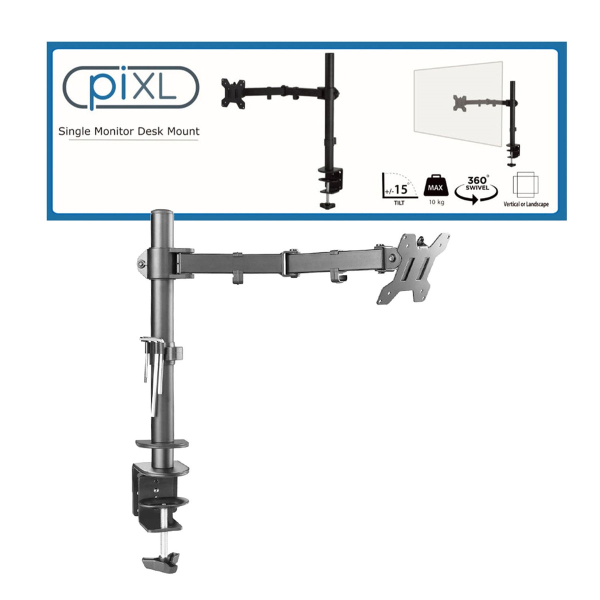 piXL Single Monitor Arm – up to 32 inch VESA, 10kg, Cable Management