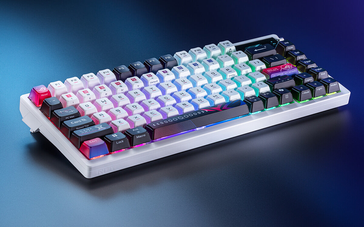 ROG Azoth X on a clean surface with blue and purple ambient light