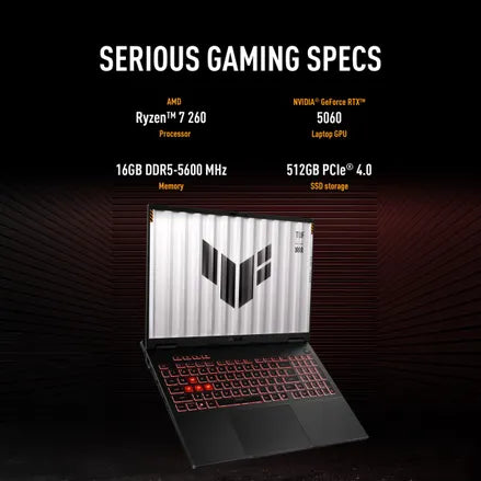 TUF Gaming A16 Gaming Laptop, 16” WUXGA 144Hz Display, AMD Ryzen 7 260 Processor, NVIDIA GeForce RTX 5060, 16GB RAM, 512GB SSD, Windows 11 Home, FA608UMI-NB73