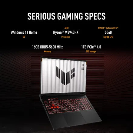 TUF Gaming A16 Gaming Laptop, 16” WUXGA 165Hz Display, AMD Ryzen 9 8940HX Processor, NVIDIA GeForce RTX 5060, 16GB RAM, 1TB SSD, Windows 11 Home, FA608PM-MB94