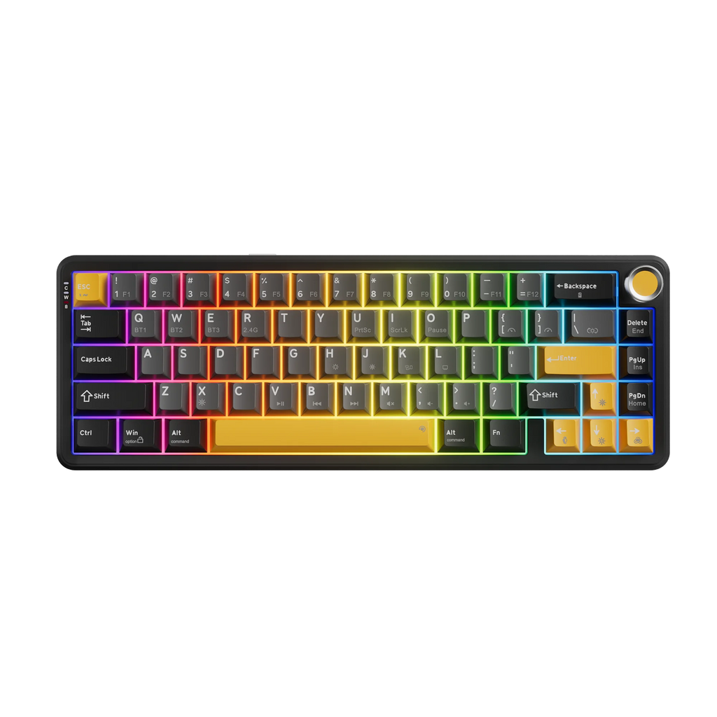 Compact mechanical keyboard with customizable RGB backlighting and an ergonomic design, featuring a QWERTY layout and multimedia keys for improved gaming and typing experiences.