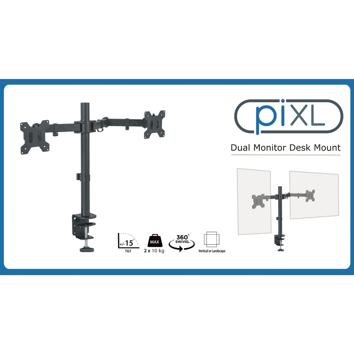 piXL Dual Monitor Arm - up to 27 Inch VESA Desk Mount, Cable Management