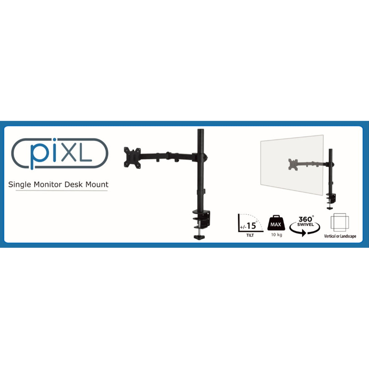 piXL Single Monitor Arm – up to 32 inch VESA, 10kg, Cable Management