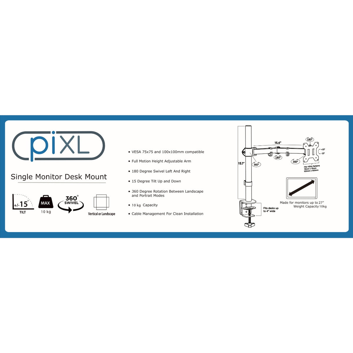 piXL Single Monitor Arm – up to 32 inch VESA, 10kg, Cable Management