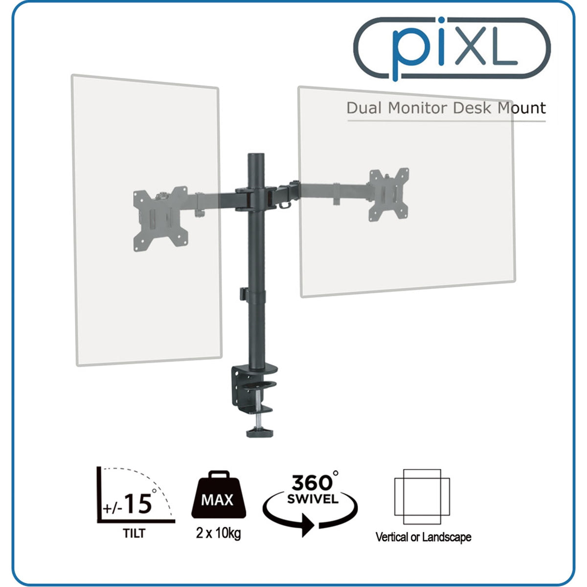 piXL Dual Monitor Arm - up to 27 Inch VESA Desk Mount, Cable Management