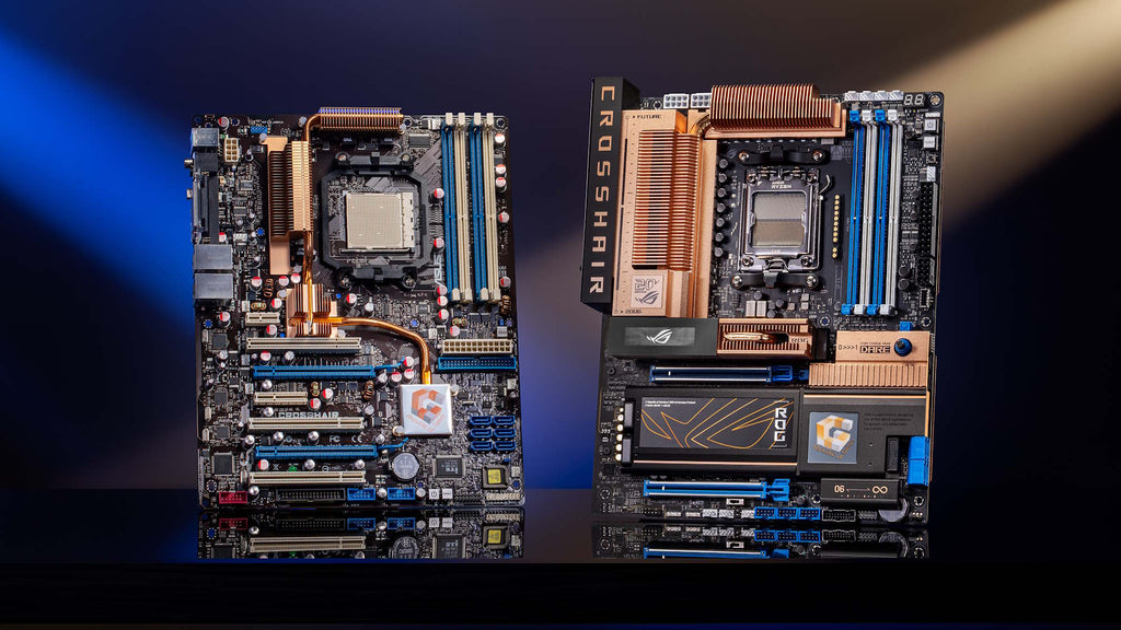 Two motherboards side by side, one the original ROG Crosshair motherboard and the other the new ROG Crosshair 20006