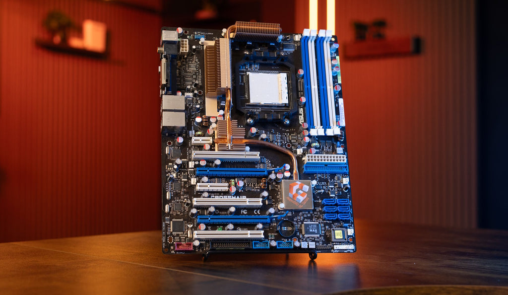 A front view of the original ROG Crosshair motherboard