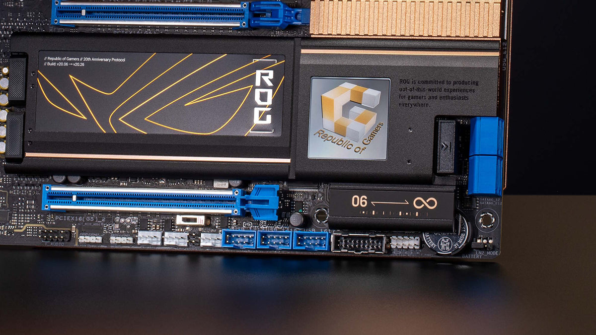 A closeup view of the Project G logo on the new ROG Crosshair 2006 motherboard
