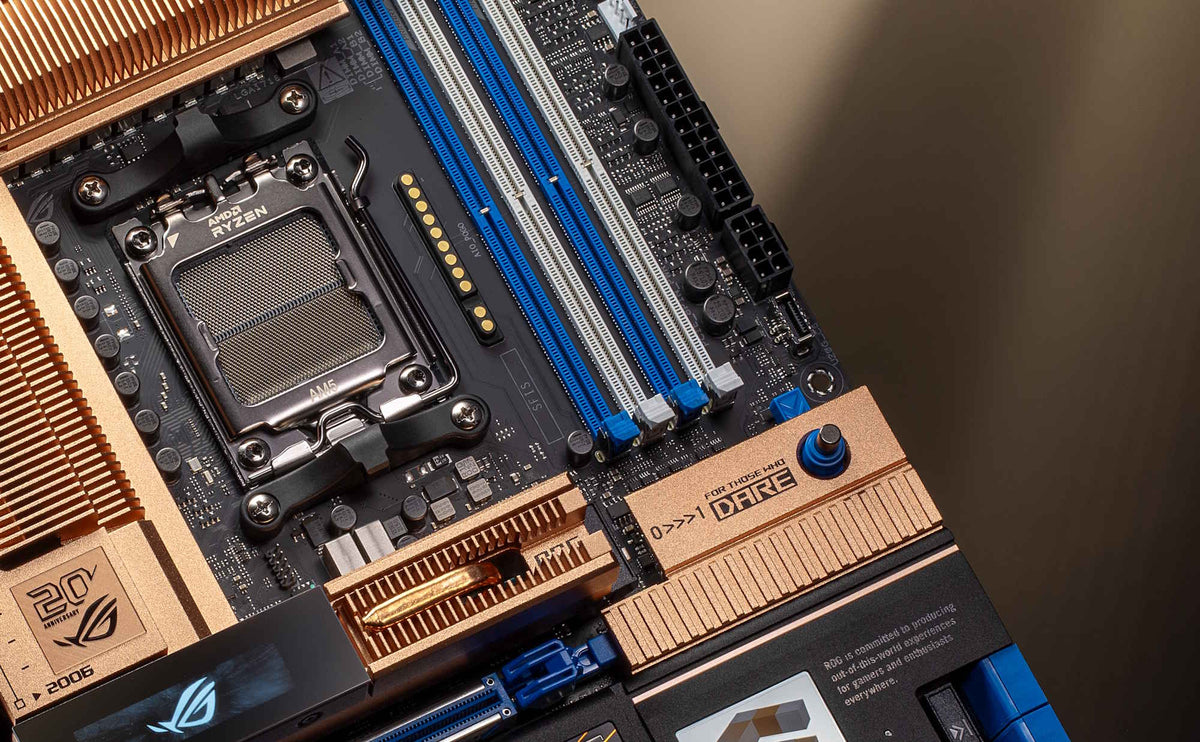 A closeup view of the CPU socket and DRAM slots of the ROG Crosshair 2006 motherboard