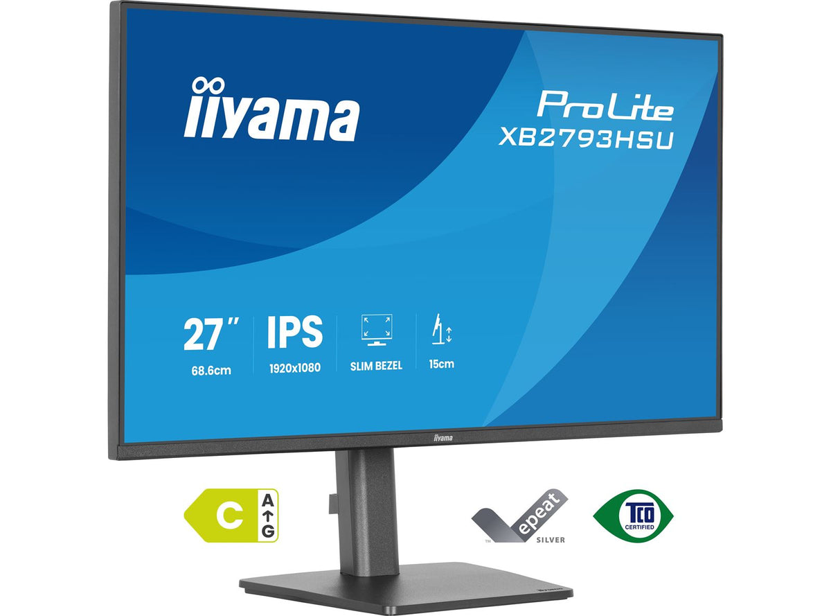 iiyama ProLite monitor XB2793HSU-B1 Height Adjustable, 27' IPS, 120Hz, Black, 4-side slim bezel and C energy class, HDMI, Display Port, USB Hub
