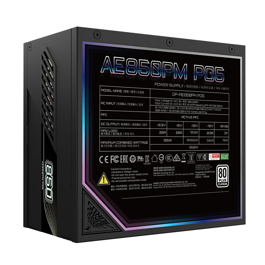Gigabyte AORUS ELITE 850W 80+ Platinum PSU - ATX 3.1, PCIe 5.1 — view 3