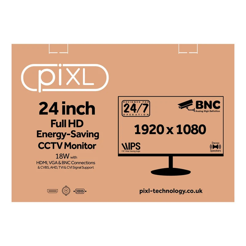 piXL 24 Inch CCTV Monitor Full HD IPS HDMI VGA BNC 24/7