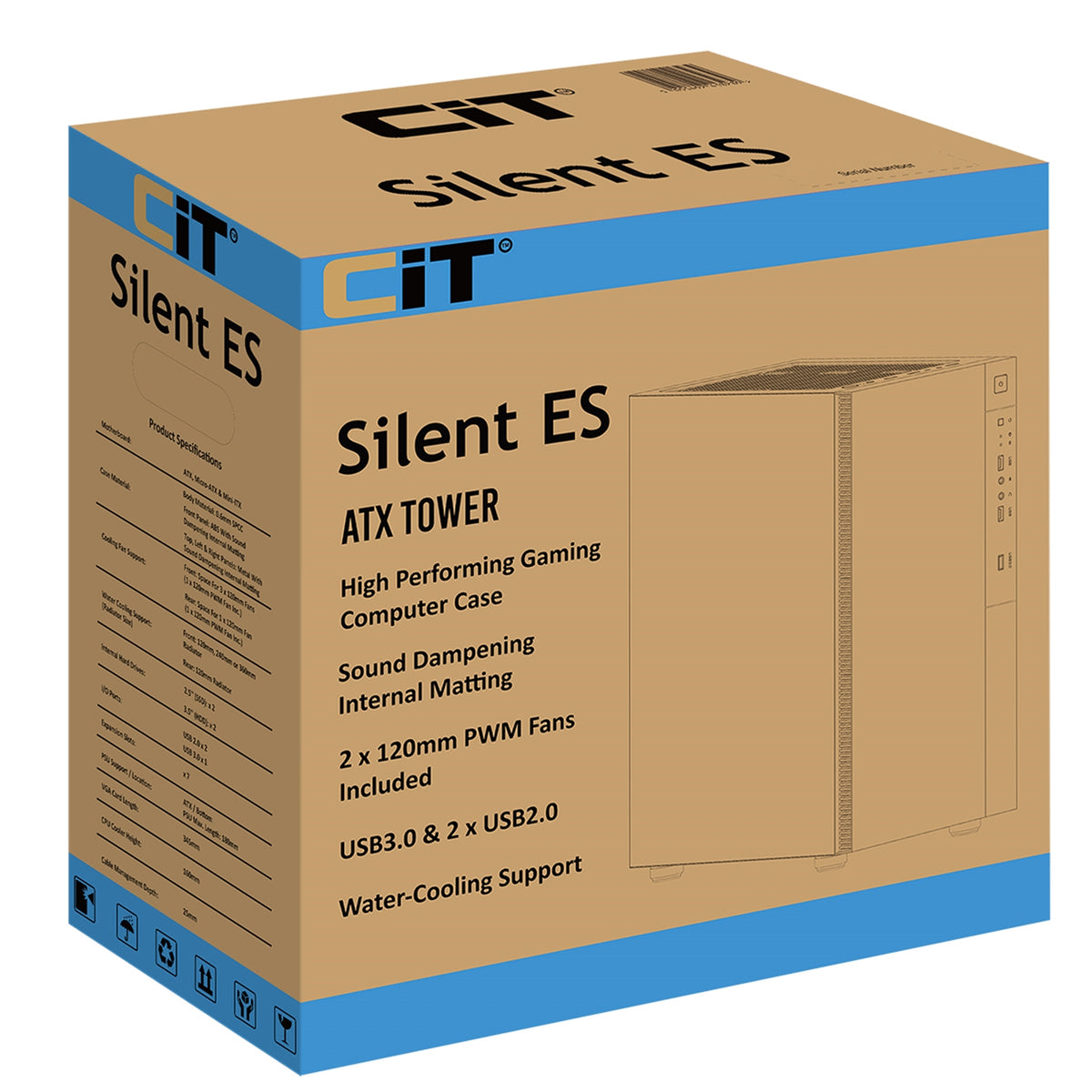 CiT Silent ES Black ATX Mid-Tower Case - 2x 120mm PWM Fans