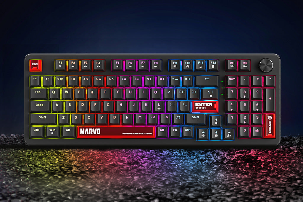 Marvo gaming keyboard featuring vibrant RGB backlighting, customizable keys, and a sleek design, ideal for gamers seeking enhanced performance and style in their gaming setup.
