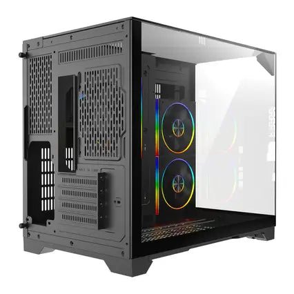 Powercool Atom Micro ATX Dual Chamber Gaming Case - 3 x Tempered Glass Panels, 3 x CiT Saturn PWM ARGB Fans, 6-Port Hub - Black - CSPCATOMBLK