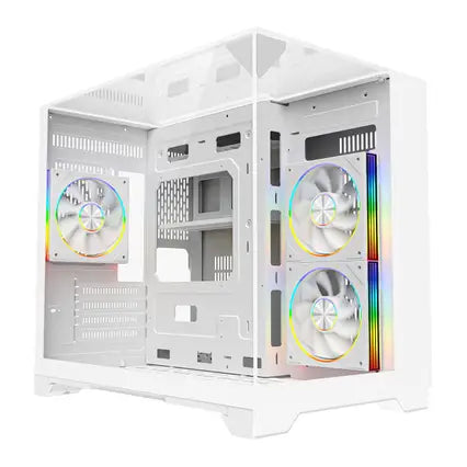 Powercool Atom Micro ATX Dual Chamber Gaming Case - 3 x Tempered Glass Panels, 3 x CiT Saturn PWM ARGB Fans, 6-Port Hub - White - CSPCATOMWHT