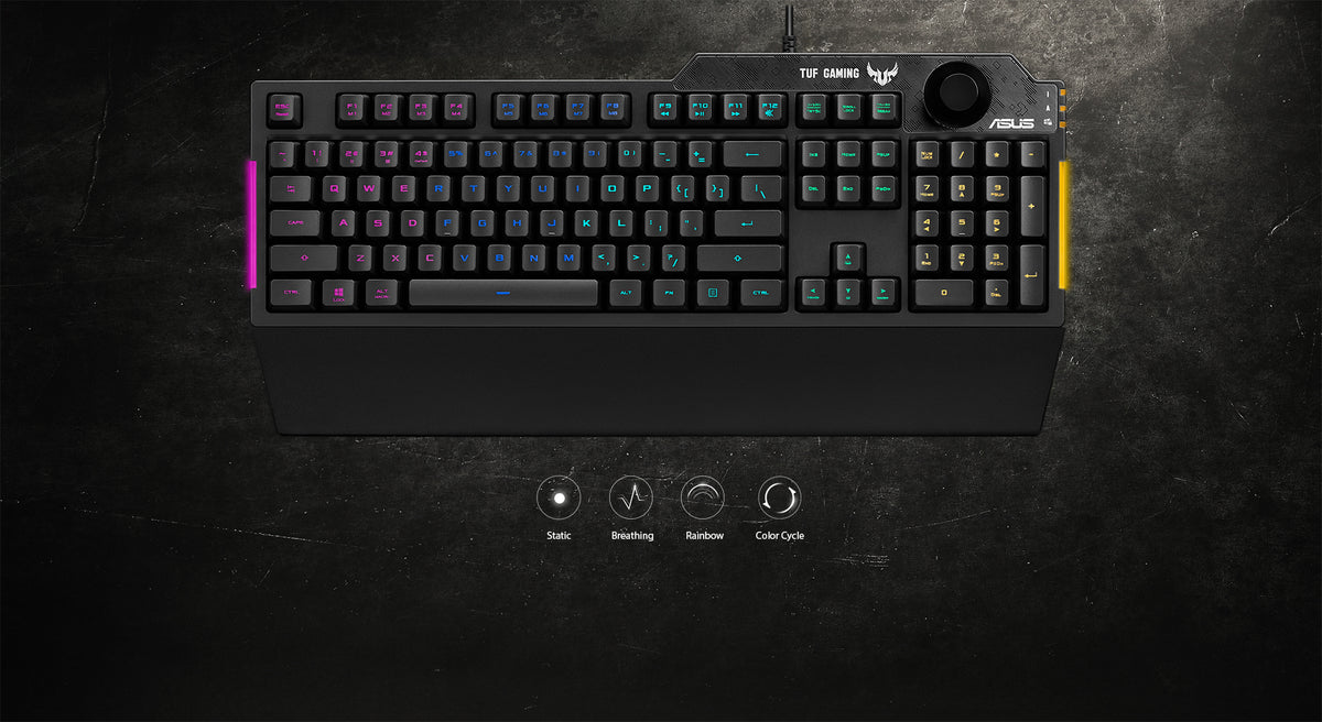 ASUS TUF Gaming K1 features five lighting zones and RGB bars along the left and right sides of the keyboard