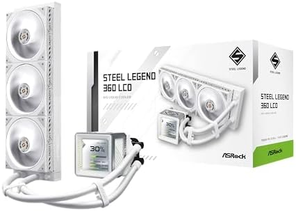 ASRock Water Cooling Cooler Steel Legend 360 LCD, 14.2 inches (360 mm), White, Simple Water Cooling, Equipped with 3.4-inch LCD Display, Compatible with CPU Temperature Display, LGA1700 AM5 Compatible