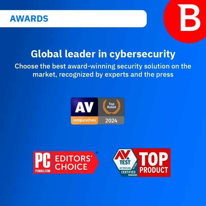 Promotional graphic for cybersecurity solutions with awards on a blue background