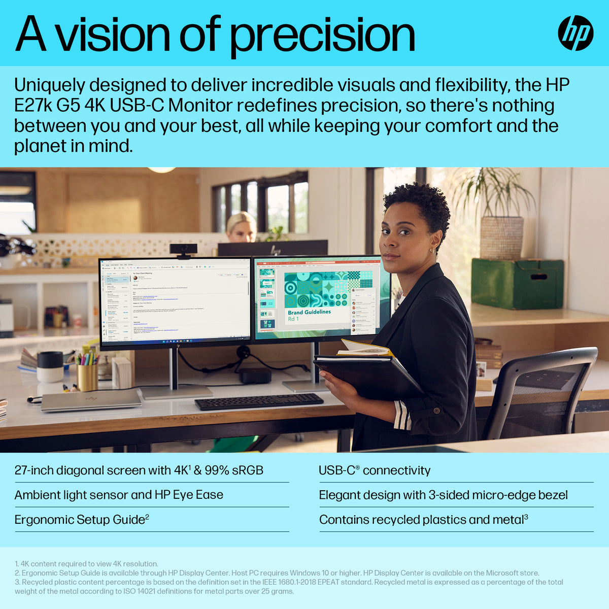 HP E27k G5 27" 4K UHD USB-C Monitor - IPS, 60Hz, 350cd/m²