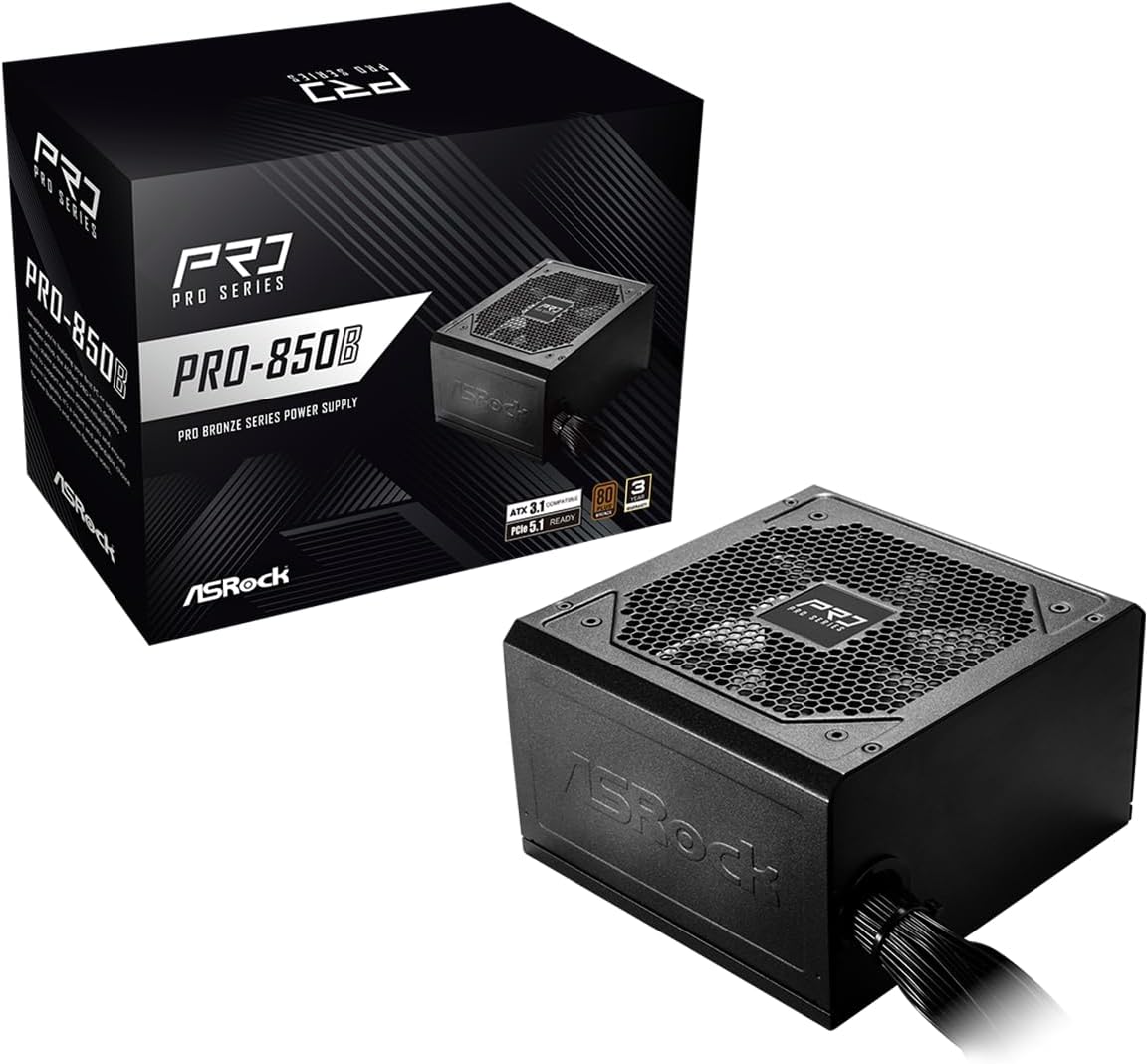 ASRock PRO-850B Power Supply - 850W 80 Plus Bronze Certified, ATX 3.1 Ready, PCIe 5.1 Compatible, 120mm Fan, Full Protection Circuit, 3-Year Warranty