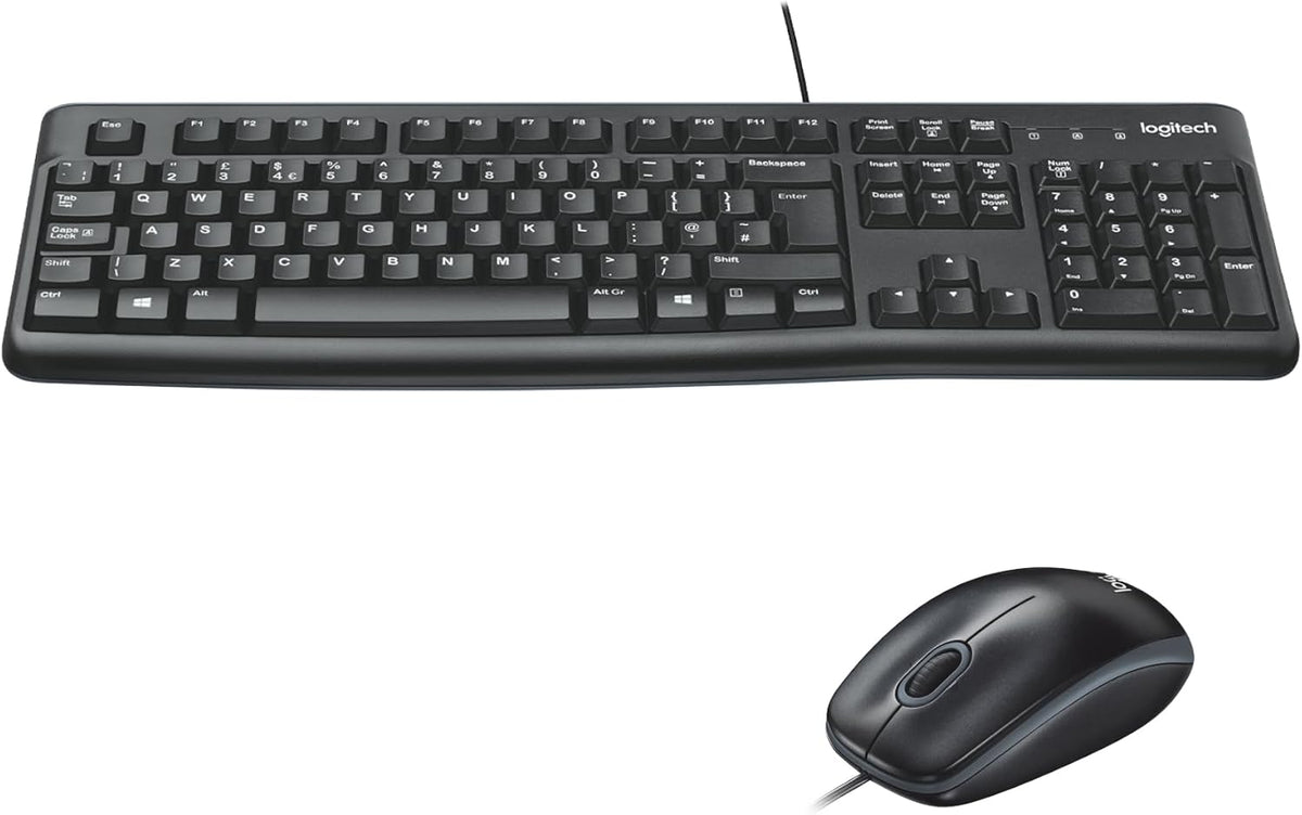 Logitech MK120 Wired Keyboard and Mouse Combo for Windows, Optical Wired Mouse, Full-Size Keyboard, USB Plug-and-Play, Compatible with PC, Laptop, QWERTY UK English Layout - Black