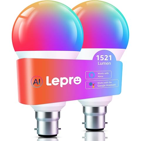 Lepro B22 AI Smart Bulb, 1520lm Dimmable WiFi Light Bulb, 12W=100W, 2 Packs | RGB Colours Changing &amp; Tunable White 2700K-5700K, App Control, Music Sync, Timer &amp; Schedule, Works with Alexa &amp; Google Home