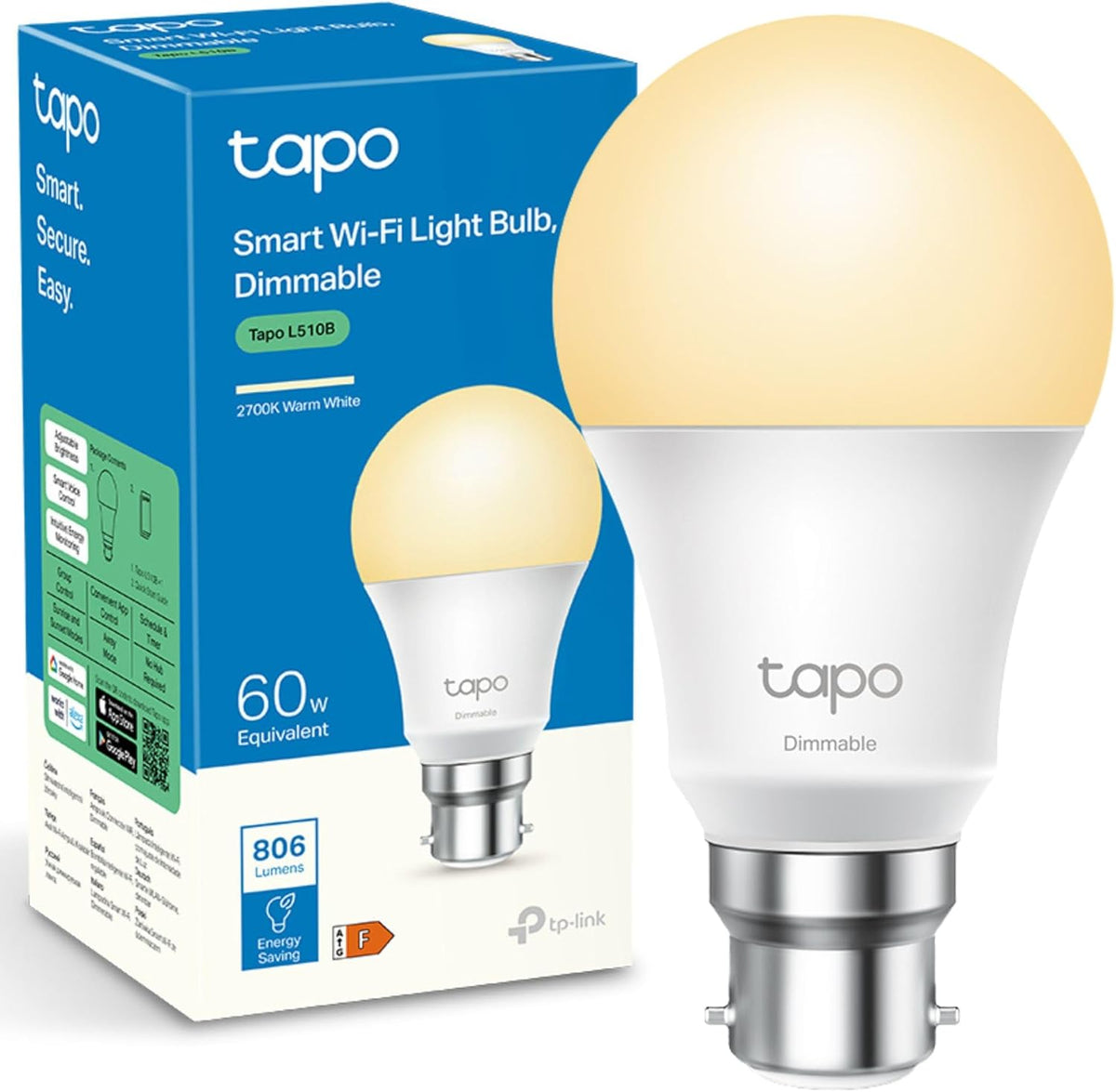 Tapo L510B B22 Smart Bulb Warm White Dimmable LED Light Bulb | 806 Lumens 60W Equivalent, 2700K Soft Warm White, Schedule &amp;amp; Timer, Works with Alexa &amp;amp; Google, No Hub Required