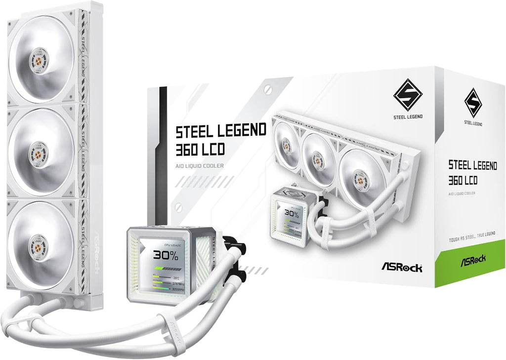 ASRock Water Cooling Cooler Steel Legend 360 LCD, 14.2 inches (360 mm), White, Simple Water Cooling, Equipped with 3.4-inch LCD Display, Compatible with CPU Temperature Display, LGA1700 AM5 Compatible