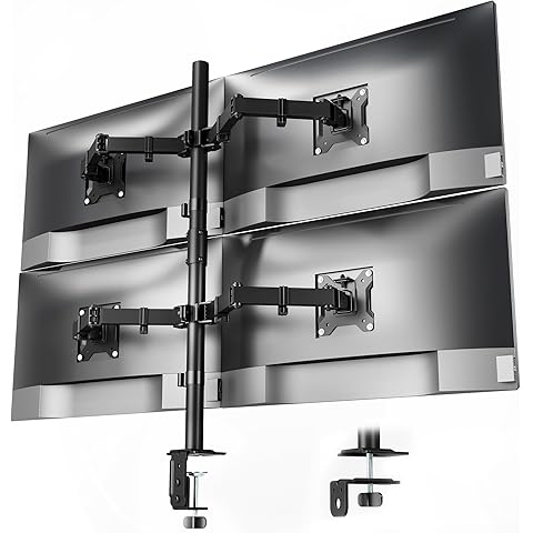 monTEK Stable Quad Monitor Stand Mount for 4 Screens up to 17&rdquo;-32&rdquo; Screen | Fully Adjustable Desk Mount with 10KG Capacity Each Arm, Monitor Arm with C Clamp and Grommet Base, VESA 75x75mm/100x100mm