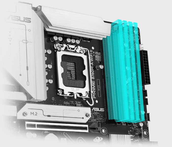 The PRIME B760M-A WIFI II comes along with ASUS Enhanced Memory Profile II (AEMP II) to train your memory kit and optimize clock speed to unleash DDR5 performance. Bar chart intro AEMP II profiles that offer up to 37.5% faster RAM speeds than baseline DDR5 specs.