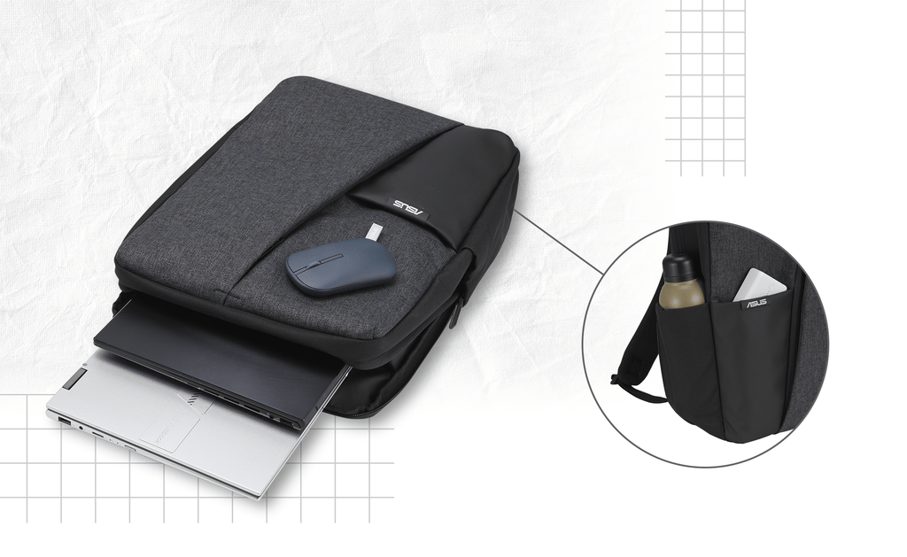 ASUS AP4600 backpack with two laptops and a mice. The small images depict the side pocket of the backpack holding a water bottle, as well as the front pocket holding a portable power bank.