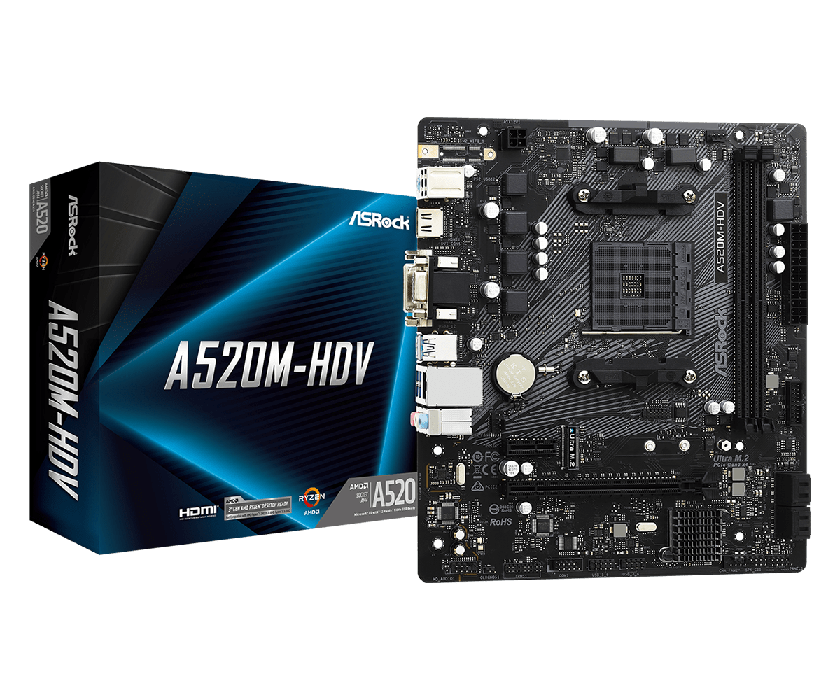 ASRock A520M-HDV Micro-ATX AM4 Motherboard - DDR4, M.2