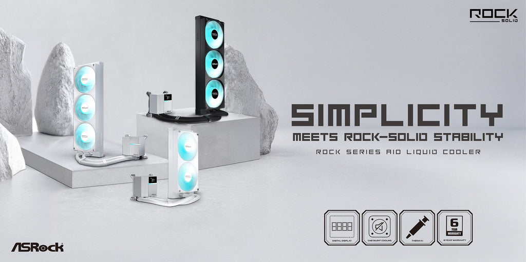 ASRock Rock Series AIO Liquid Cooler is displayed with its dual and triple fan configurations alongside the text 'Simplicity meets rock-solid stability.'
