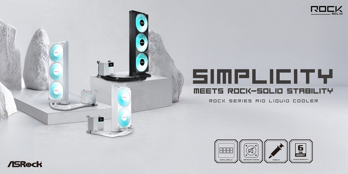 ASRock Rock Series AIO Liquid Cooler is displayed with its dual and triple fan configurations alongside the text 'Simplicity meets rock-solid stability.'