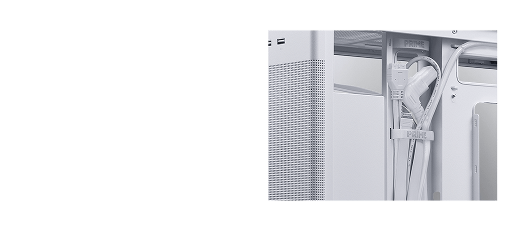 ASUS Prime AP201 TG Version White with right side panel removed. Focus on the consistency of the cable and the case.