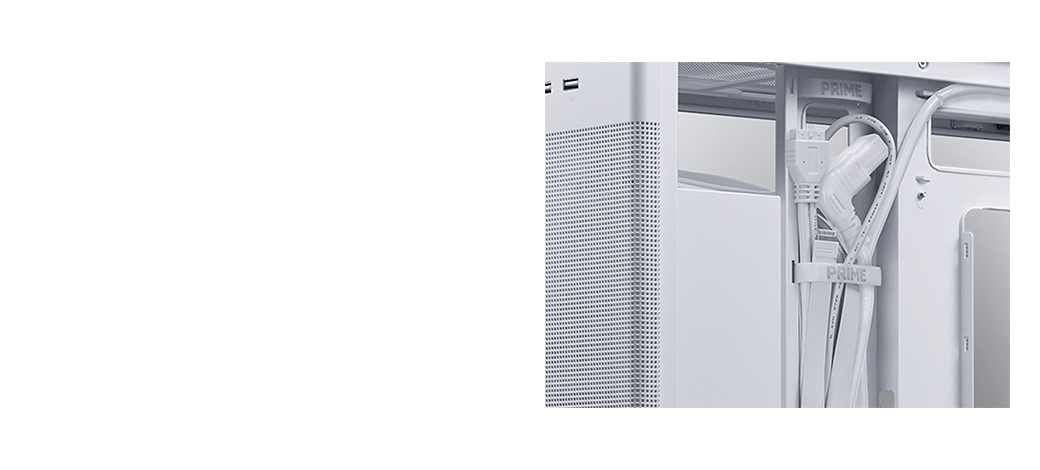 ASUS Prime AP201 TG Version White with right side panel removed. Focus on the consistency of the cable and the case.