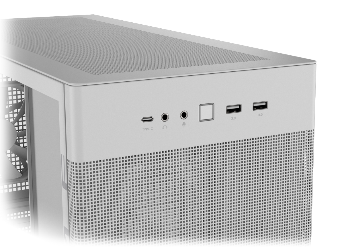 Close-up on the ASUS Prime AP201 TG Version front panel with USB Type-C port