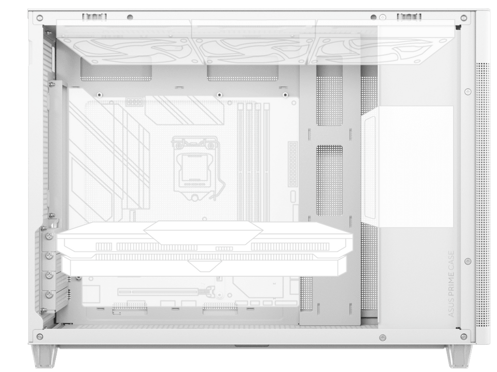 Line art of motherboard, 360 mm radiator, graphics card, and PSU
