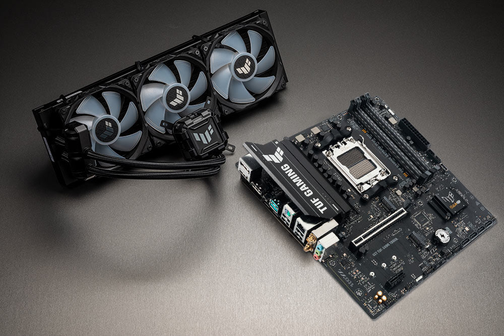TUF GAMING A620AM-PLUS WIFI motherboard standing upright next to a compatible ASUS AIO cooler, illustrating cooler compatibility for high-performance gaming builds.