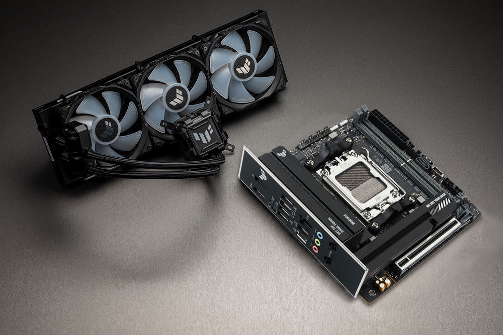 TUF GAMING B850I WIFI NEO motherboard standing upright next to a compatible ASUS AIO cooler, illustrating cooler compatibility for high-performance gaming builds.
