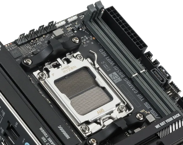 Close-up of TUF GAMING B850I WIFI NEO showing DDR5 memory slots with a label indicating support for DDR5 modules up to 9600+ MHz.