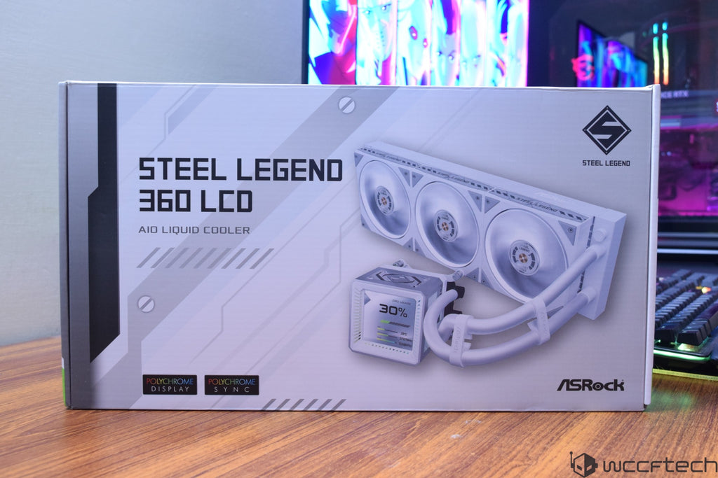 ASRock Steel Legend 360 LCD AIO Liquid Cooler packaging on a wooden table with visible logos and features.