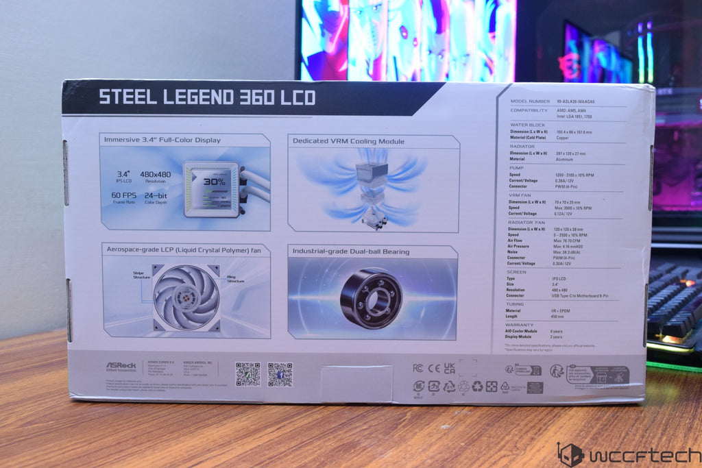The ASRock Steel Legend 360 LCD packaging highlights features such as an immersive 3.4 full-color display, aerospace-grade LCP fan, industrial-grade dual-ball bearing, and a dedicated VRM cooling module, with the model number 90-AL36A-WGAAG5 compatible with AMD AM5, AM4.