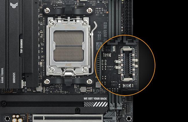 TUF GAMING B850I WIFI NEO motherboard with a magnified inset highlighting a front panel USB 10Gbps Type-C port, showing support for high-speed connections.