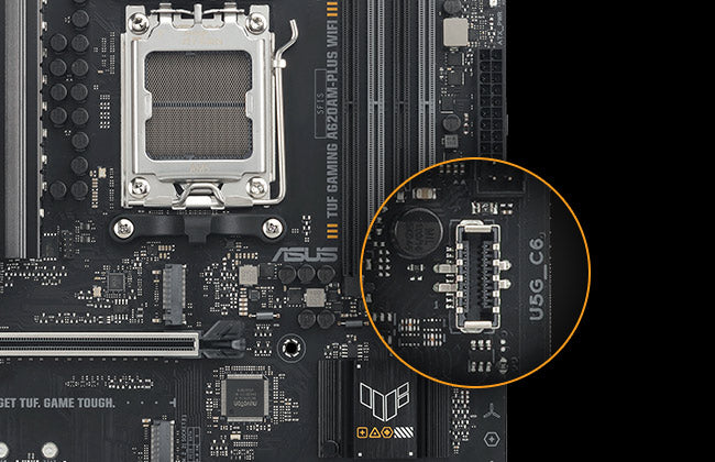 TUF GAMING A620AM-PLUS WIFI motherboard with a magnified inset highlighting a front panel USB 5Gbps Type-C port, showing support for high-speed connections.