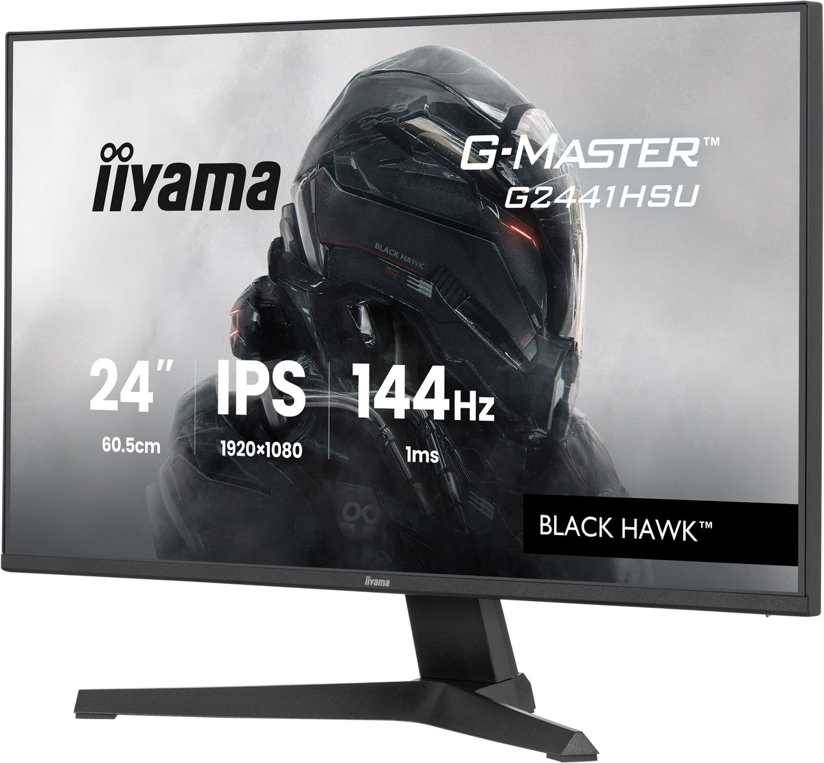 IIyama G-Master gaming monitor with a helmet graphic on the screen