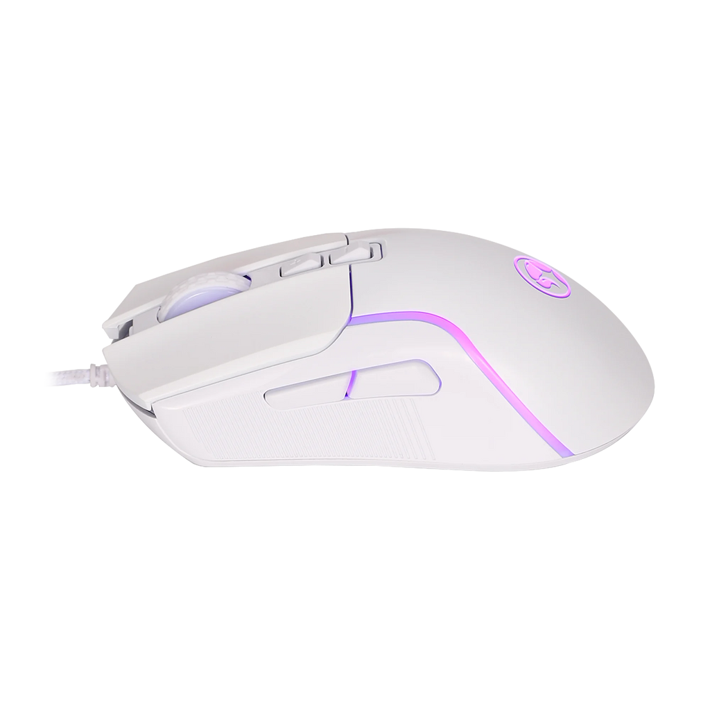 White gaming mouse with customizable RGB lighting, ergonomic design, and multiple programmable buttons for enhanced gameplay.