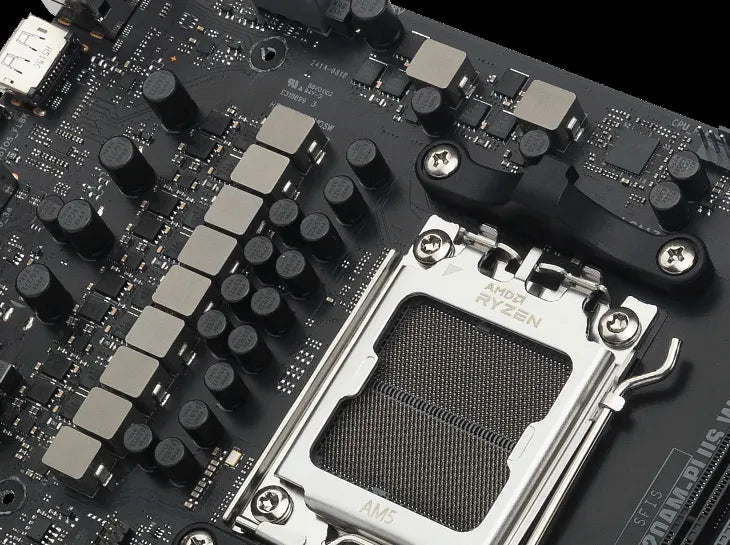 Close-up of an AM5 CPU socket on TUF GAMING A620AM-PLUS WIFI.